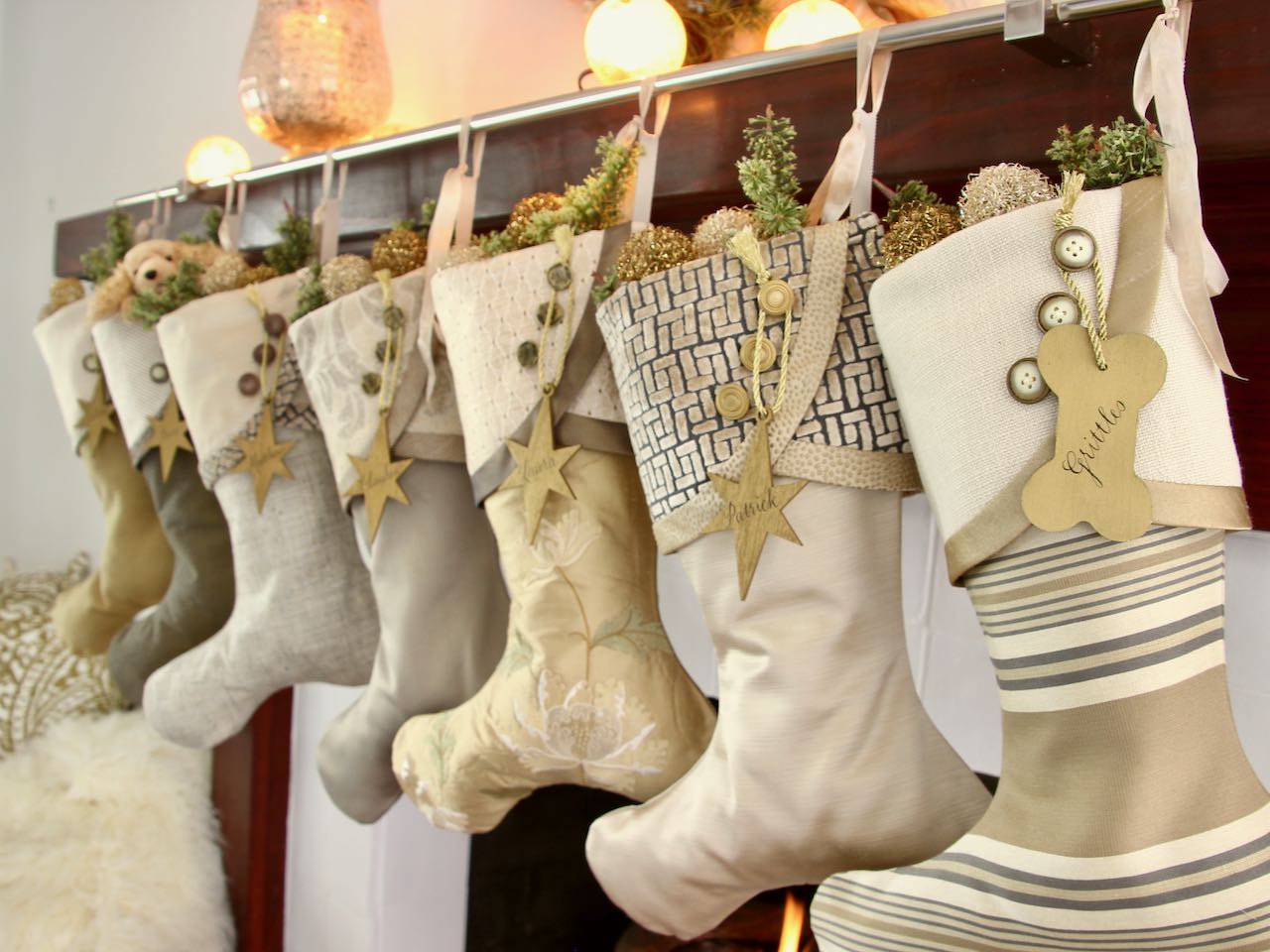 Moss Green, Silver, Gold and Taupe Christmas Stockings — Traditional, Unique, Modern Christmas Stockings --  Shipping Included!