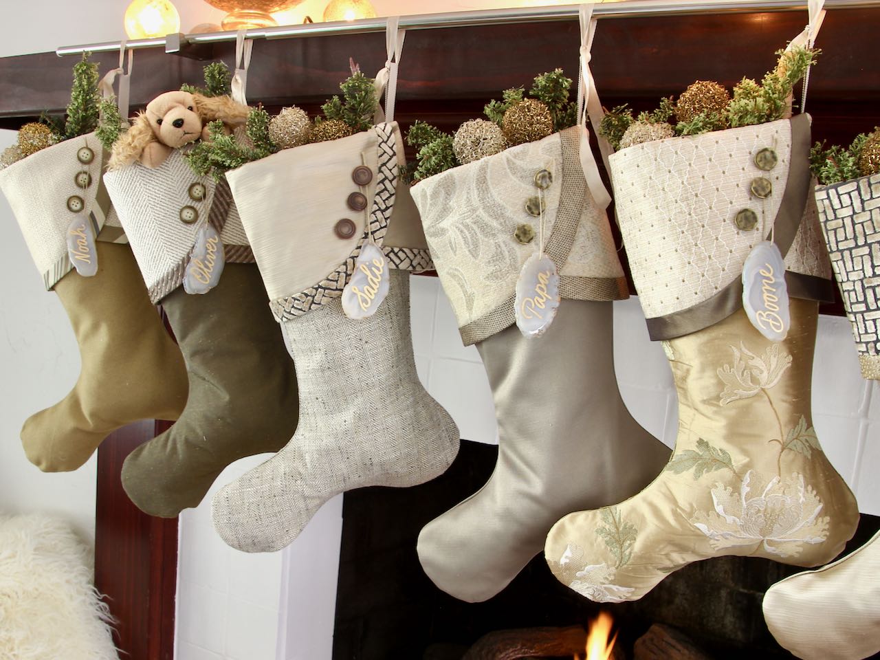 Moss Green, Silver, Gold and Taupe Christmas Stockings — Traditional, Unique, Modern Christmas Stockings --  Shipping Included!