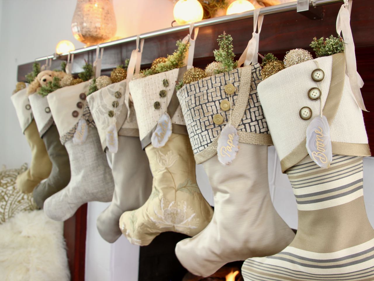 Moss Green, Silver, Gold and Taupe Christmas Stockings — Traditional, Unique, Modern Christmas Stockings --  Shipping Included!