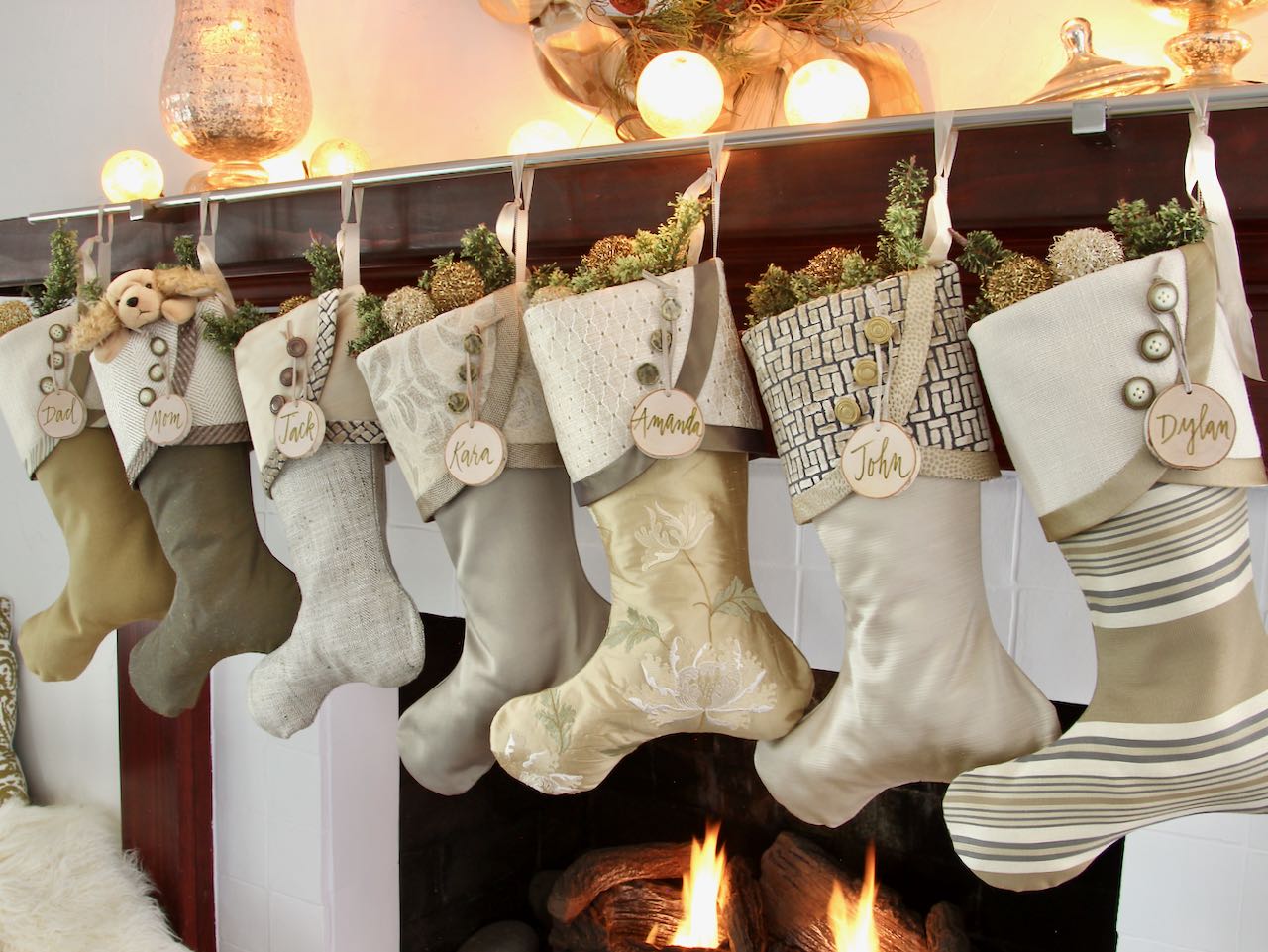 Moss Green, Silver, Gold and Taupe Christmas Stockings — Traditional, Unique, Modern Christmas Stockings --  Shipping Included!