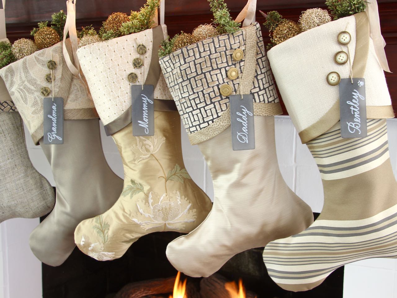 Moss Green, Silver, Gold and Taupe Christmas Stockings — Traditional, Unique, Modern Christmas Stockings --  Shipping Included!