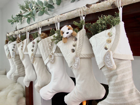 White Cottage Christmas Stockings or Modern Farmhouse Stockings— Shipping Included!