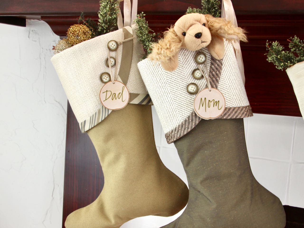 Moss Green, Silver, Gold and Taupe Christmas Stockings — Traditional, Unique, Modern Christmas Stockings --  Shipping Included!
